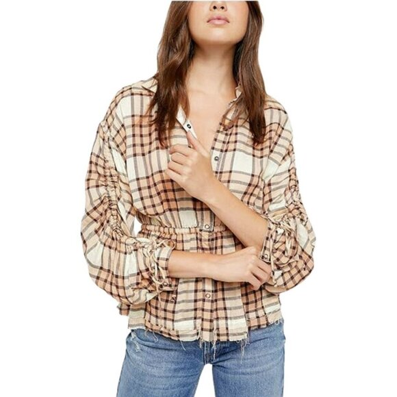 Free People Peach Tree Plaid Top Snap Front 3/4 Ruched Sleeves size S NWT - Picture 1 of 10